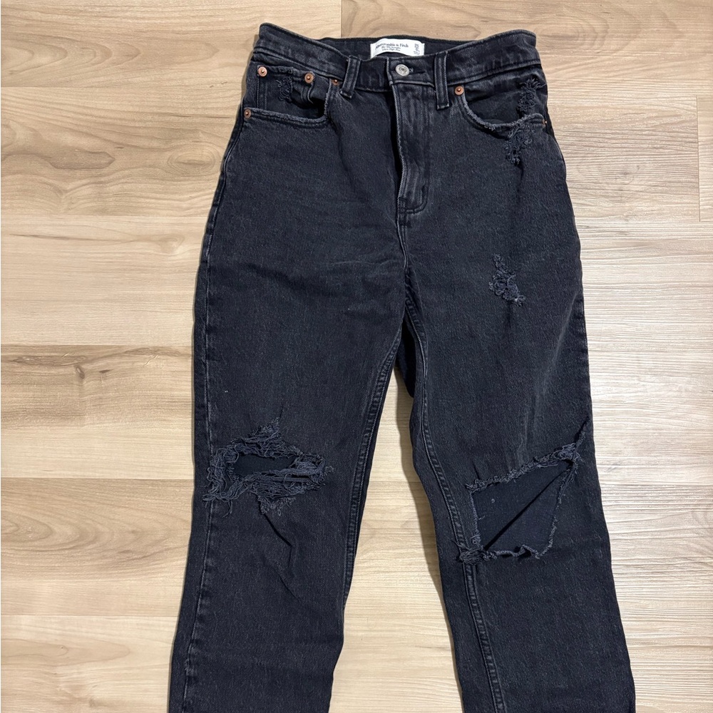 Abercrombie & Fitch Curve Love Black Distressed Straight Leg Jeans